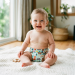 A smiling baby wearing a stylish cloth diaper