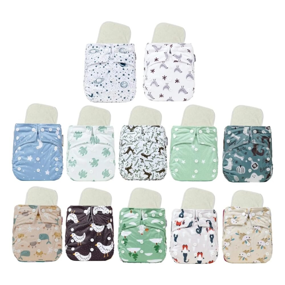 12 one size printed snap cloth diapers with bamboo inserts